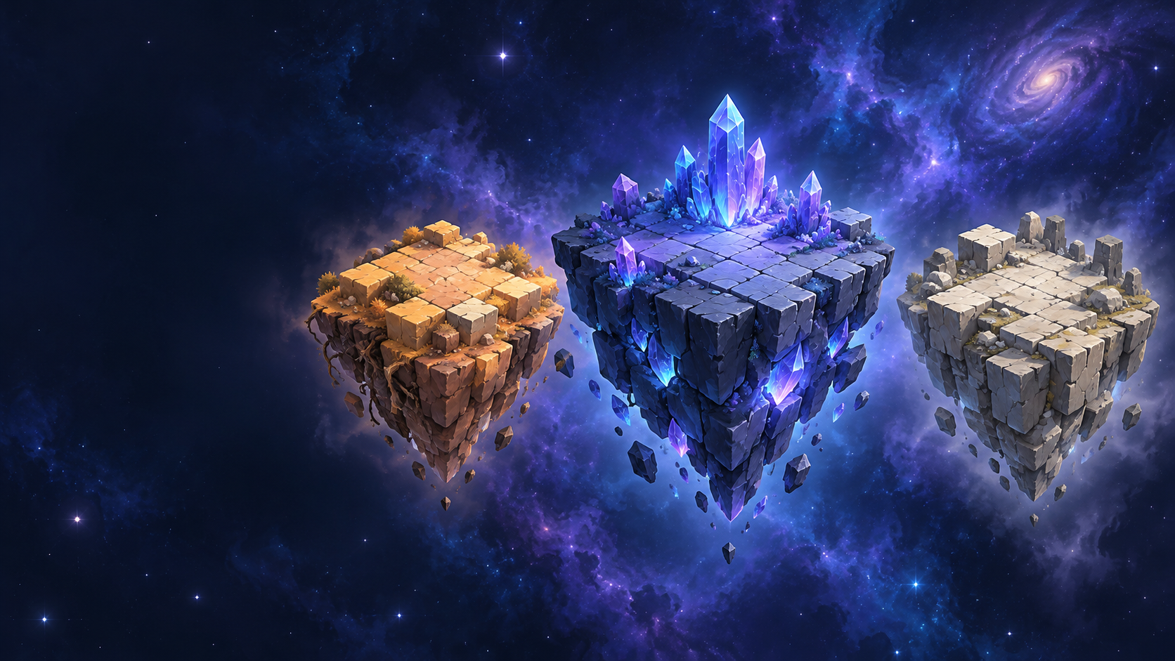 Three floating islands in a deep universe: hard soil, crystal, and rock