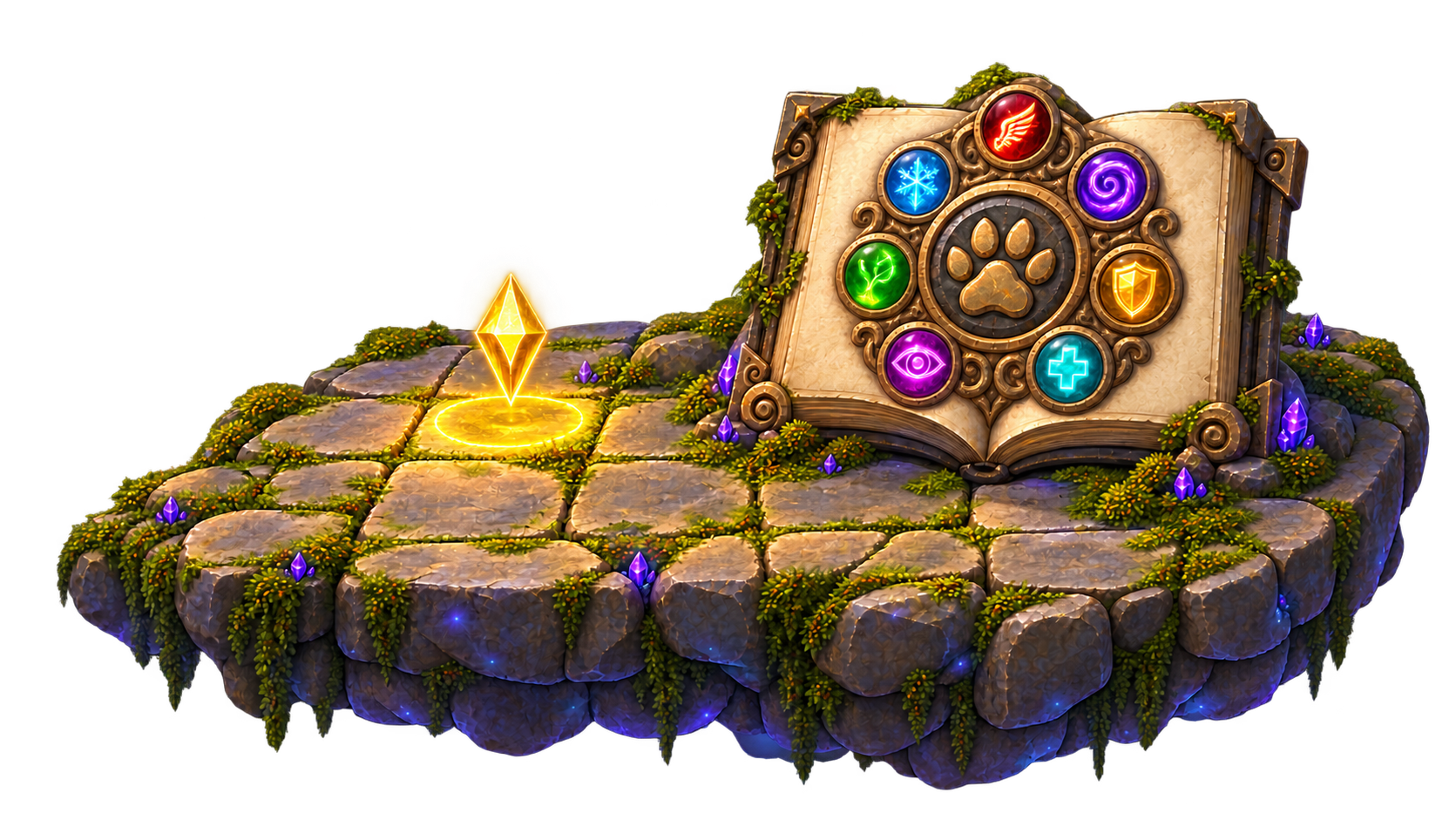 The Gladiator Battle book and golden marker on a floating rock arena platform