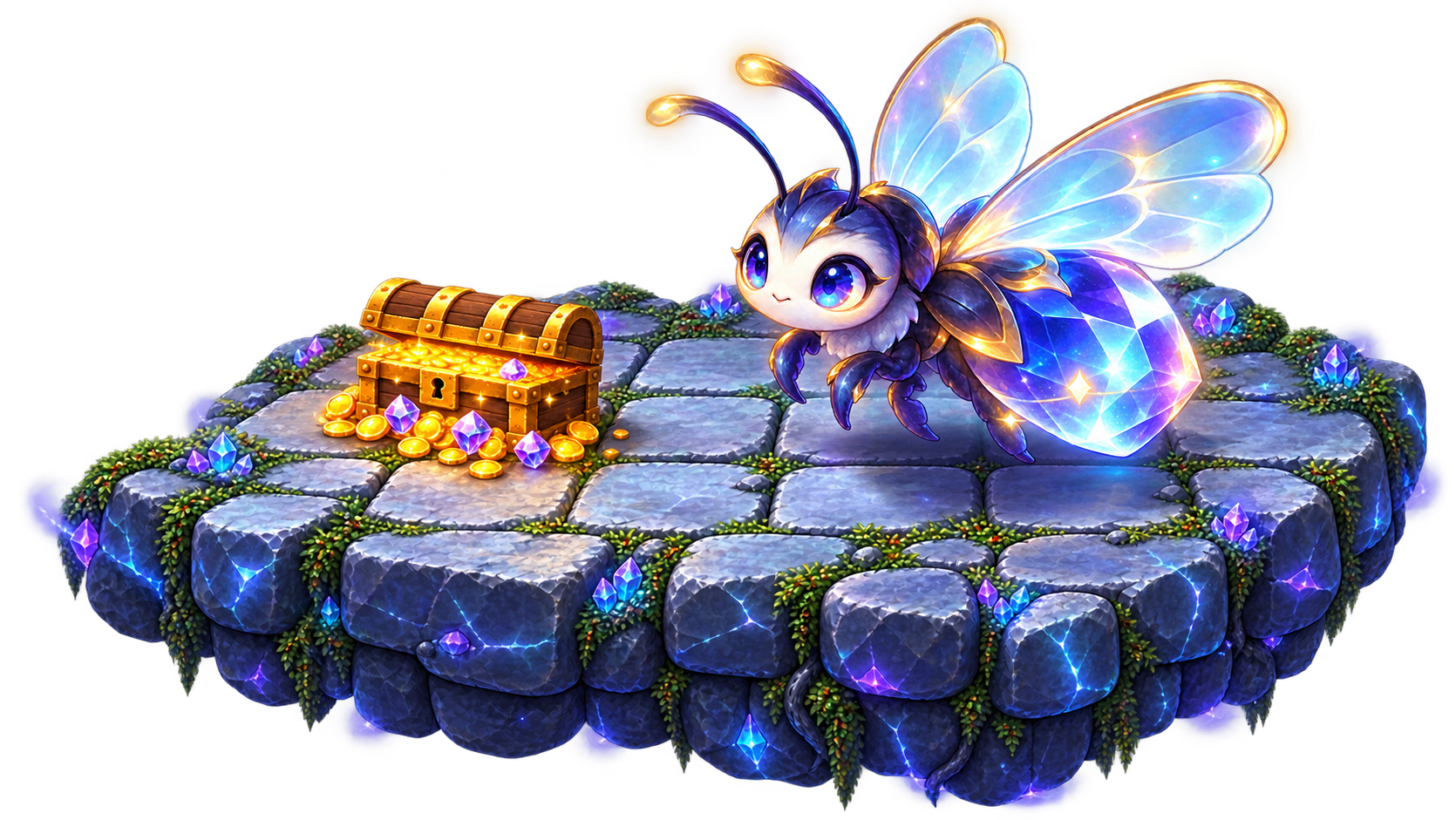 Crystal Firefly beside a partly closed, overflowing treasure chest on a floating crystal platform